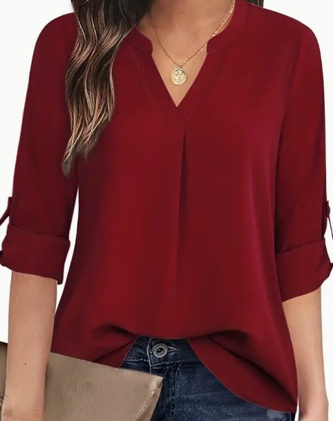 Chic V-Neck Blouse – Elegant Casual Long Sleeve Top for Women - CasualFlowshop