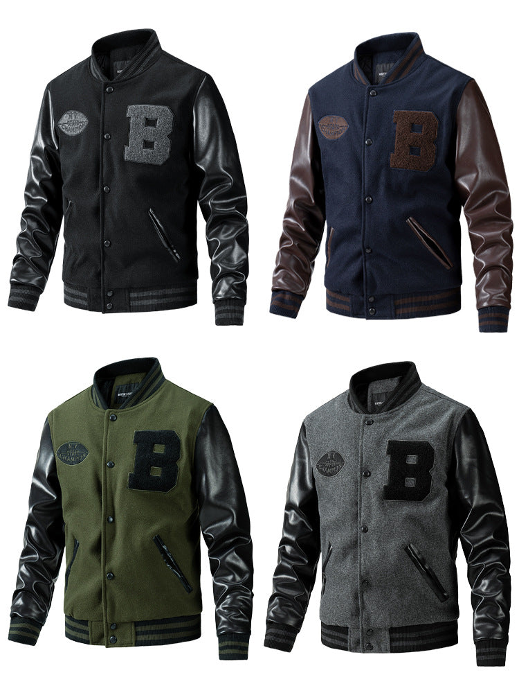 Four varsity American Baseball Jacket with letter 'B' logos in different colors on a white background