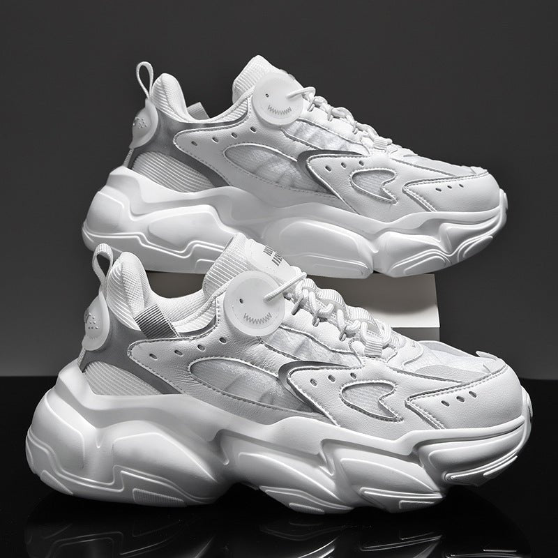 Men's Fashion Running Shoes – Stylish PU sneakers with breathable design and available in Black, White, and Beige.