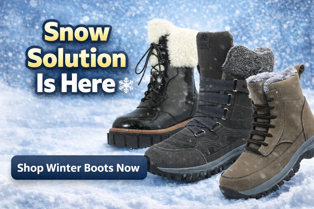 Snow Solution winter boots collection displayed on snowy background with insulated waterproof boots for cold weather and snow