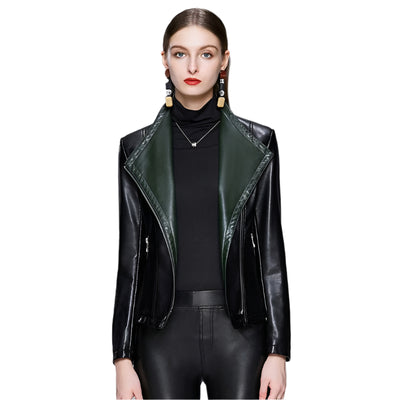 Chaqueta de cuero adelgazante para mujer: diseño elegante y estilizado.