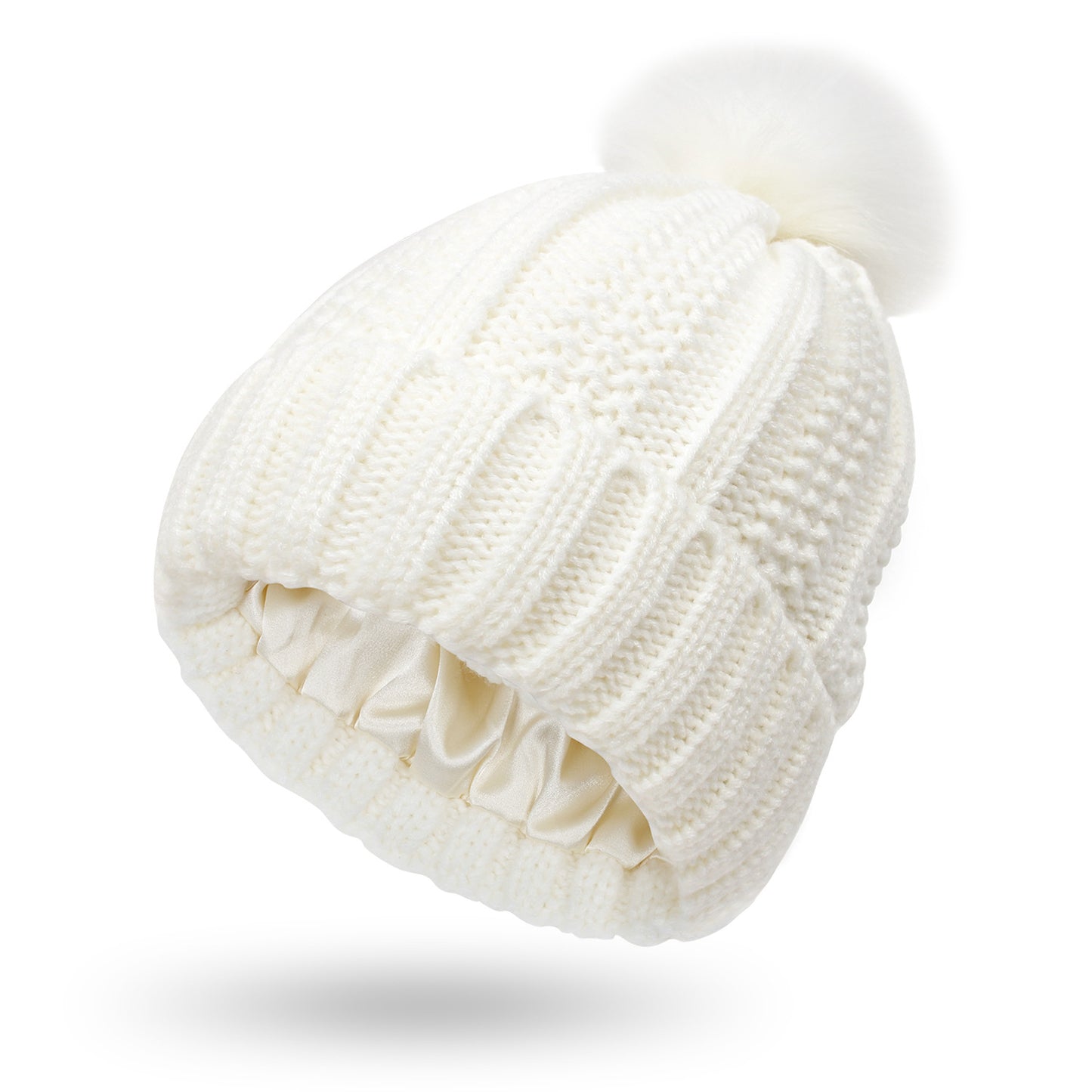 Women's satin-lined knit beanie with faux fur pom – Cozy and stylish winter hat.