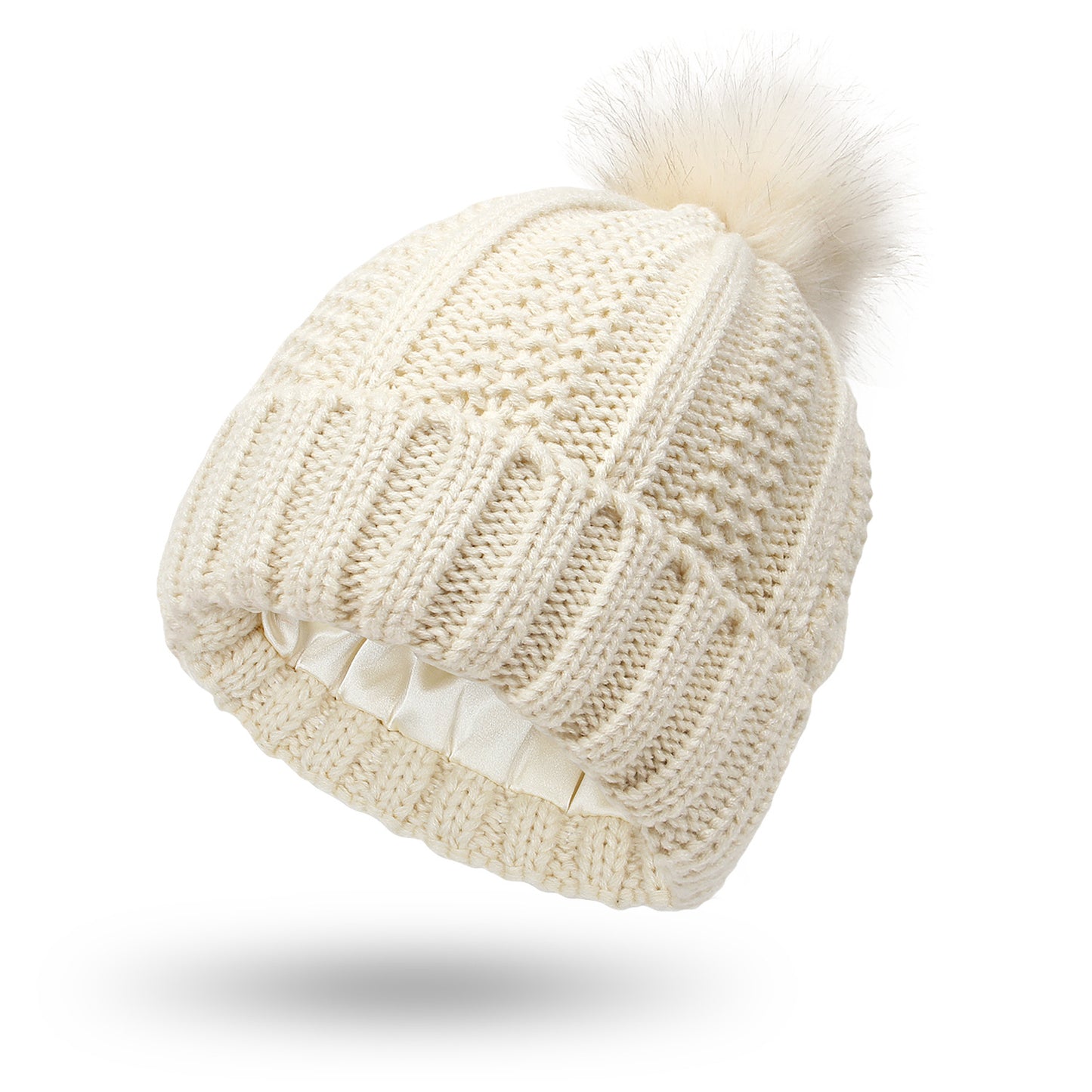 Women's satin-lined knit beanie with faux fur pom – Cozy and stylish winter hat.