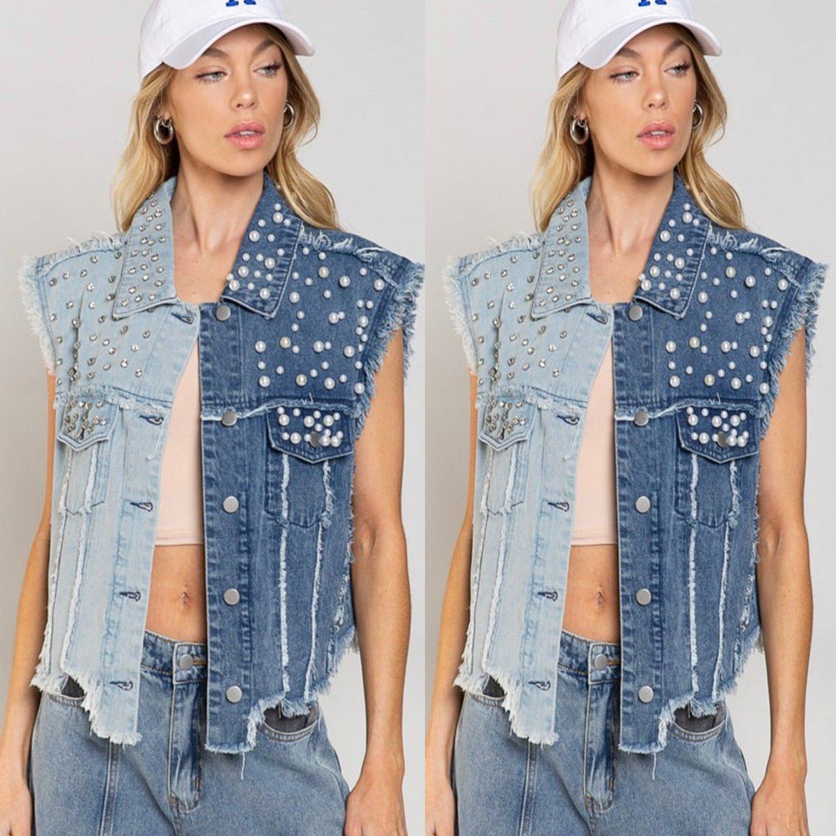 Splicing Beads Loose Women's Short Denim Vest - CasualFlowshop