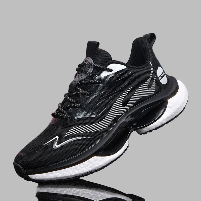 Black and white sneaker with a brand logo on a reflective surface