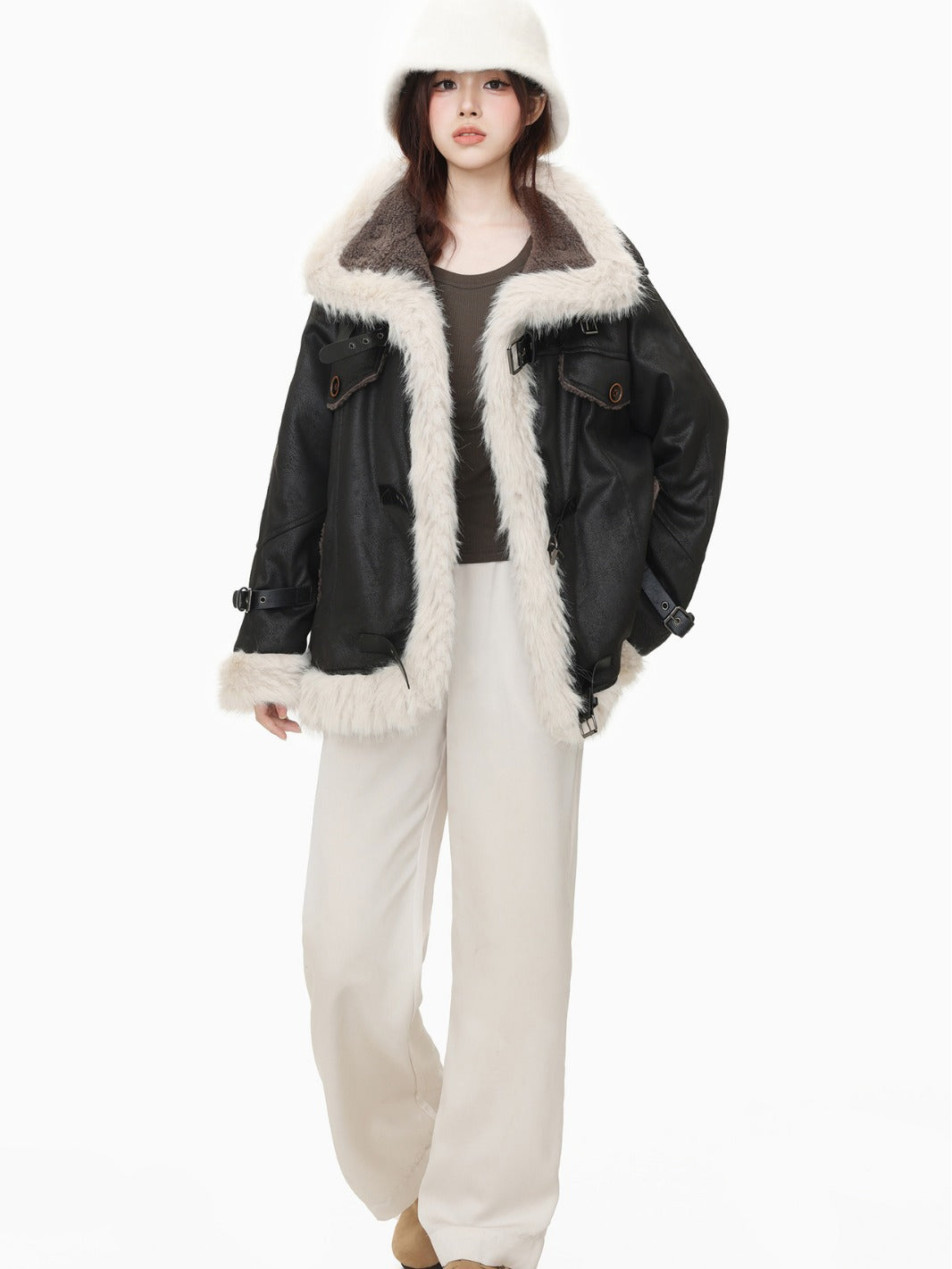 Women's black shearling coat – faux leather winter outerwear with wool lining