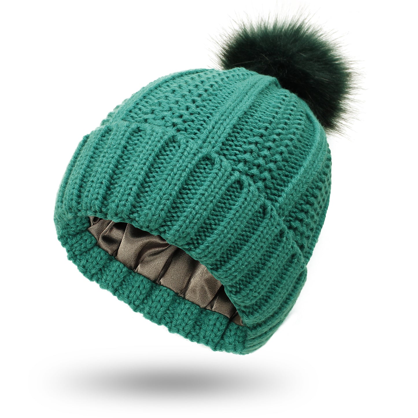 Women's satin-lined knit beanie with faux fur pom – Cozy and stylish winter hat.