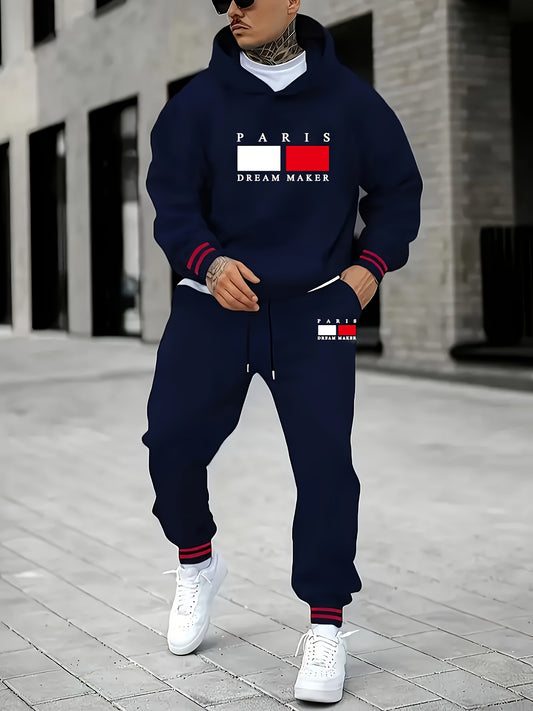 Parisian Chic Geometric Pattern Hoodie & Joggers Set - Casusalflowshop
