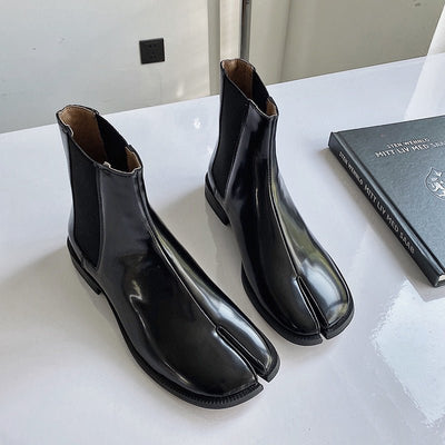 Zapatos de charol brillante con punta dividida para hombre y mujer