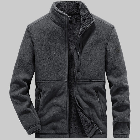 Dark gray fleece jacket on a gradient background
