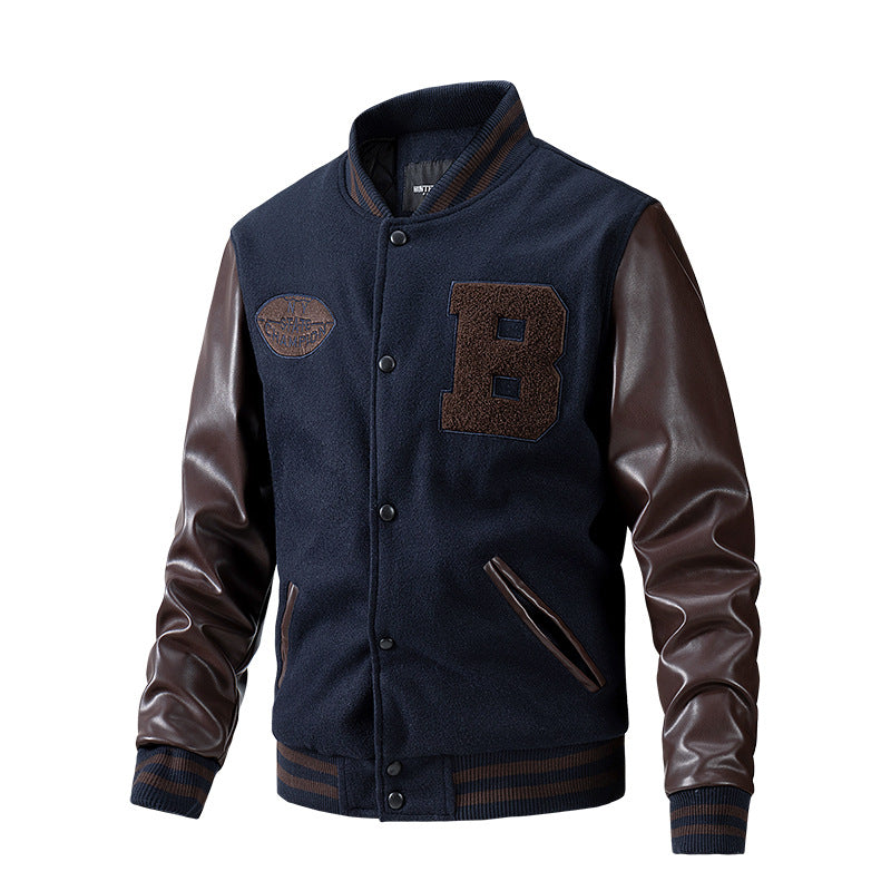 Navy blue varsity American Baseball Jacket with brown leather sleeves on a white background