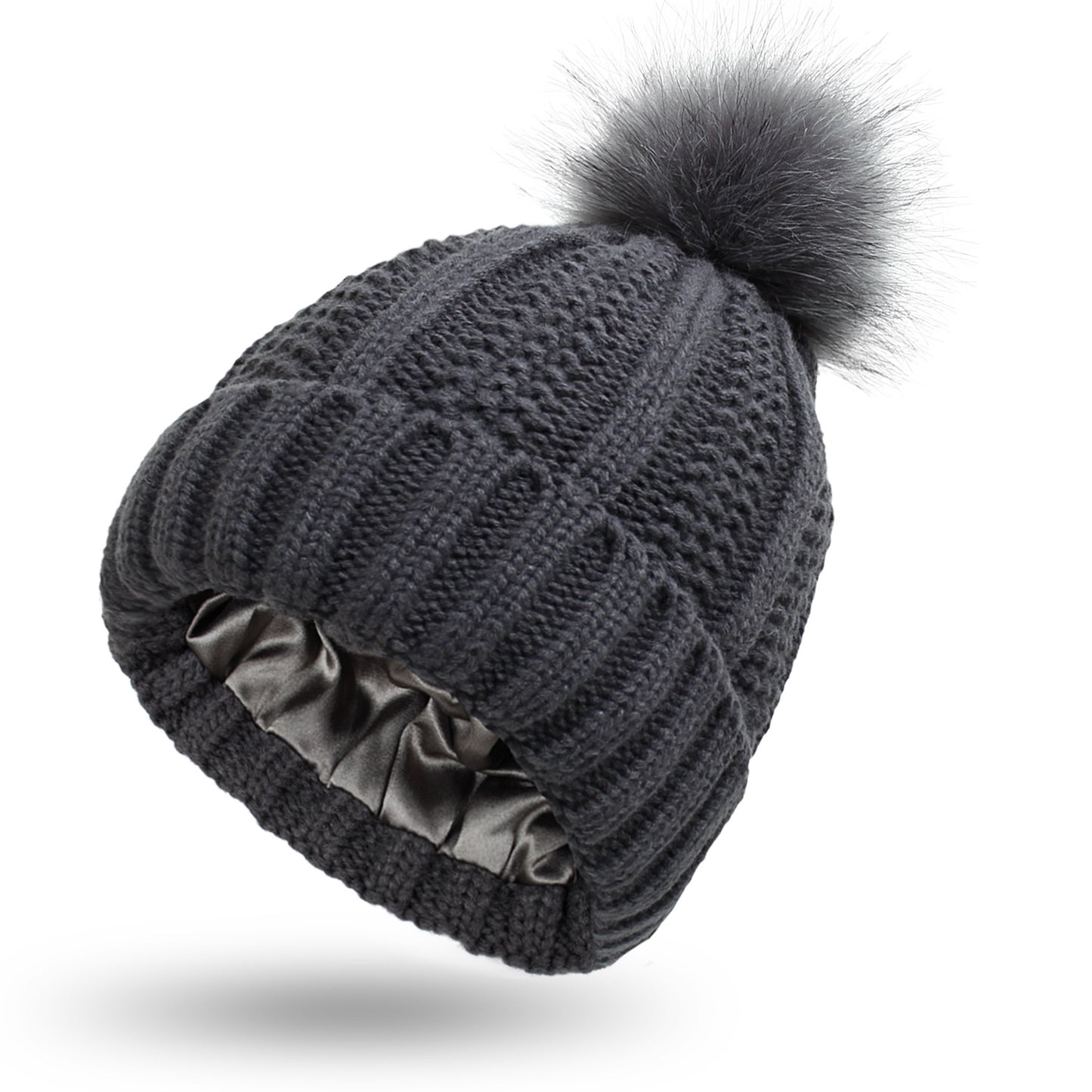 Women's satin-lined knit beanie with faux fur pom – Cozy and stylish winter hat.