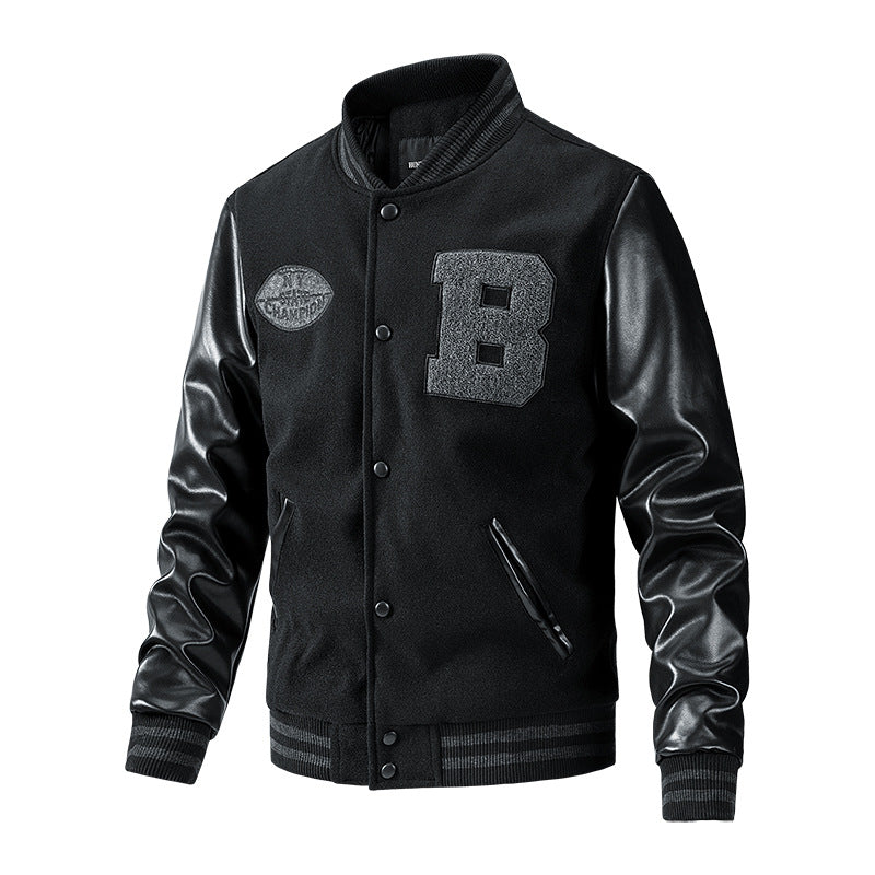 Black varsity American Baseball Jacket with leather sleeves and letter 'B' on a white background