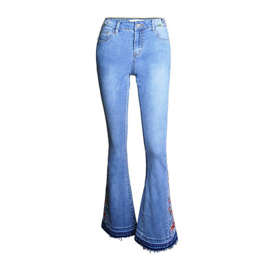 Women's Embroidered Denim Flared Pants – Light Wash, Wide Leg, Mid Waist