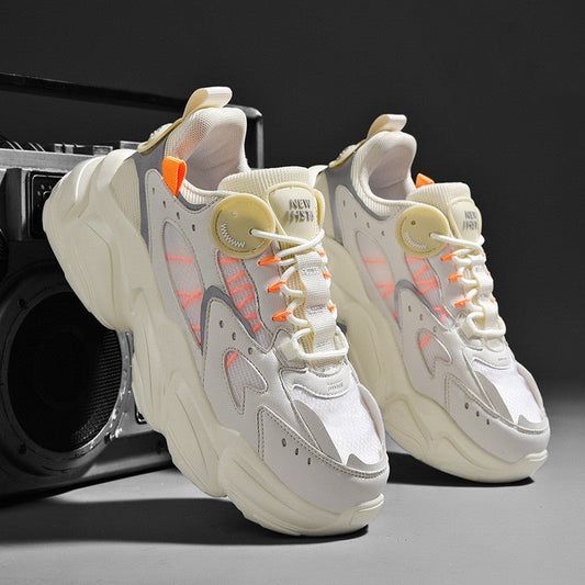Men's Fashion Running Shoes – Stylish PU sneakers with breathable design and available in Black, White, and Beige.