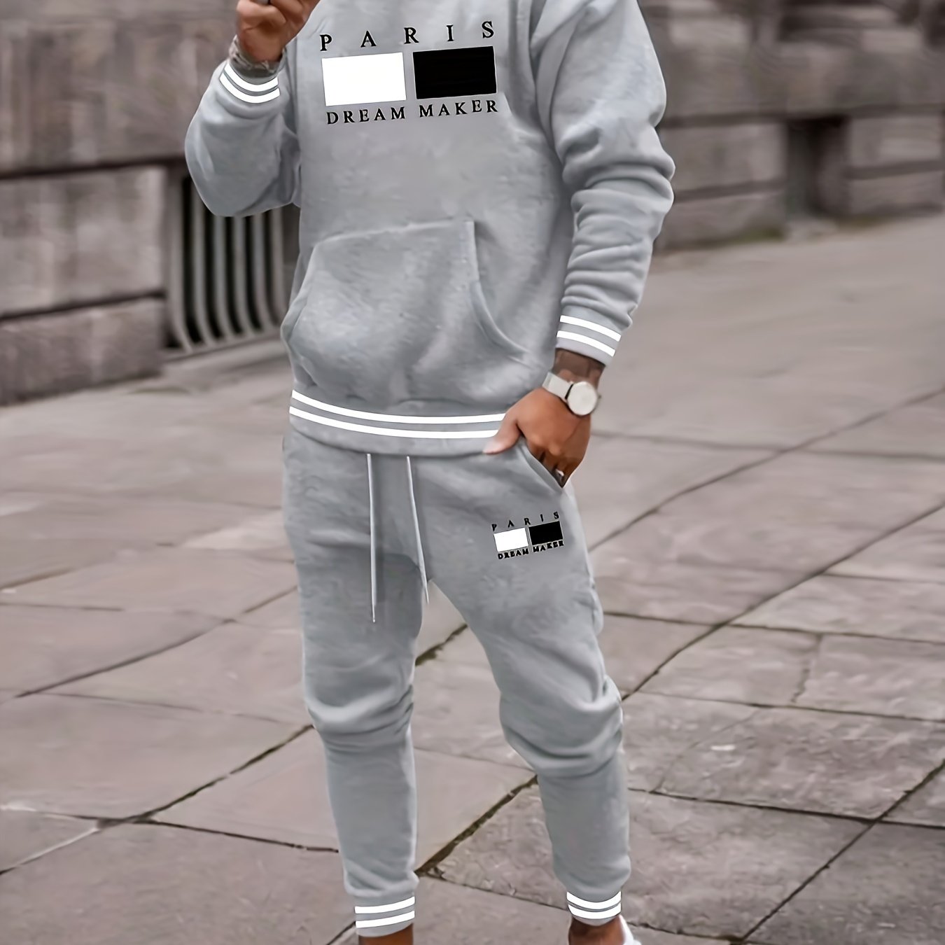 Parisian Chic Geometric Pattern Hoodie & Joggers Set - Casusalflowshop