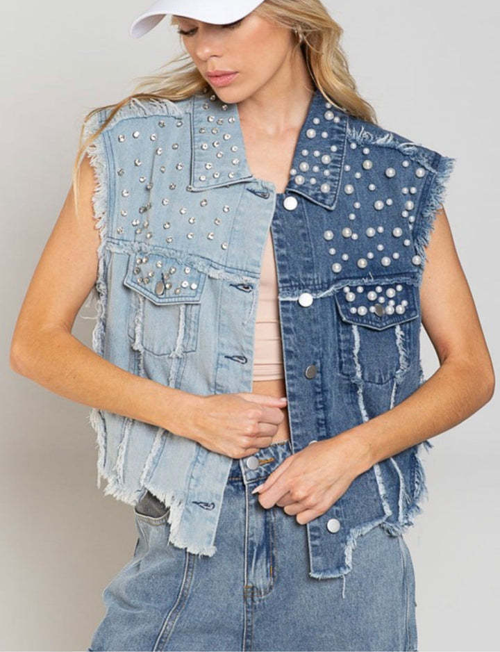 Splicing Beads Loose Women's Short Denim Vest - CasualFlowshop