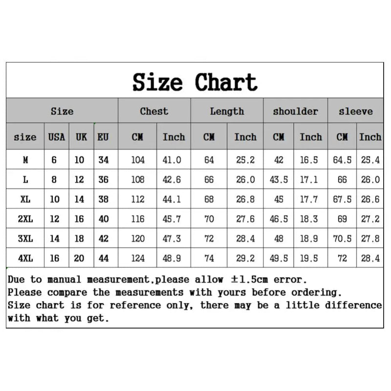 Size Chart of the Men's Slim Fit Casual Jacket with a zipper closure and side pockets - Casualflowshop 