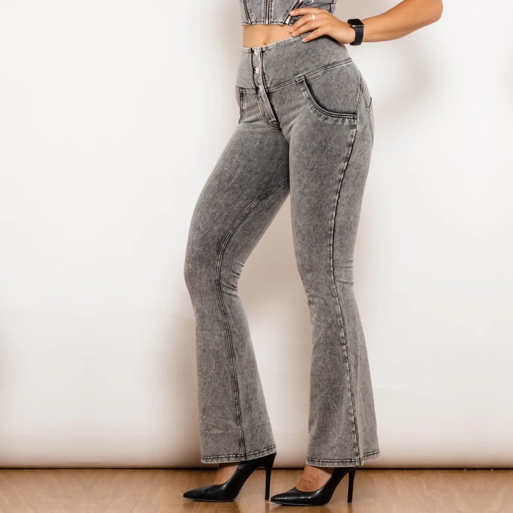 High Waist Flared Jeans for Women – Grey Button - Up Shaping Fit - CasualFlowshop