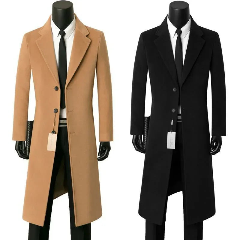 Two long coats, one beige and one black, on mannequins against a white background.