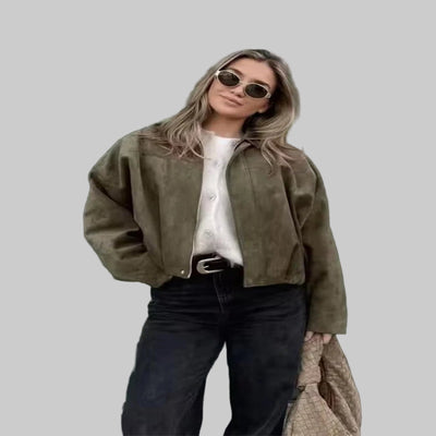 Women’s Oversized Suede Bomber – Trendy Green Jacket for Autumn & Winter