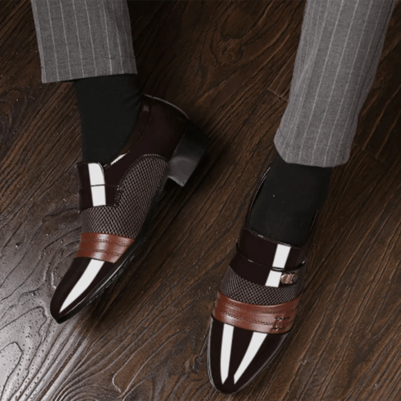 Brown Luxury Leather Men's Shoes with striped pattern worn on a wooden floor