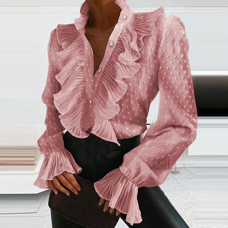 Elegant women's ruffled long sleeve button shirt blouse in white – ideal for office wear and formal occasions.