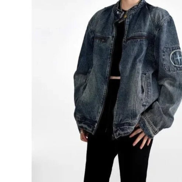 Black Denim Oversized Jacket – Retro Washed Streetwear Zip - Up Coat - CasualFlowshop