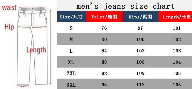 Men's jeans size chart with waist, hip, and length measurements.