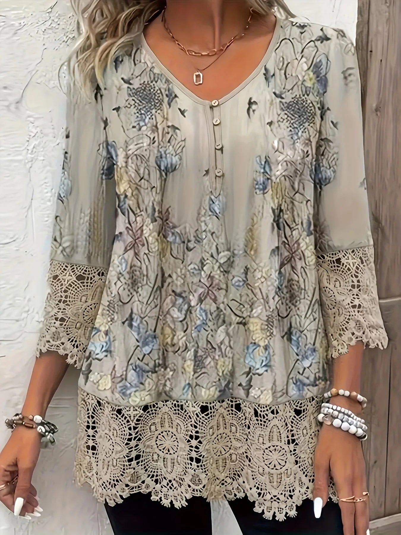CasualFlowshop Boho Floral Lace Blouse - Dreamy V-Neck Top - CasualFlowshop