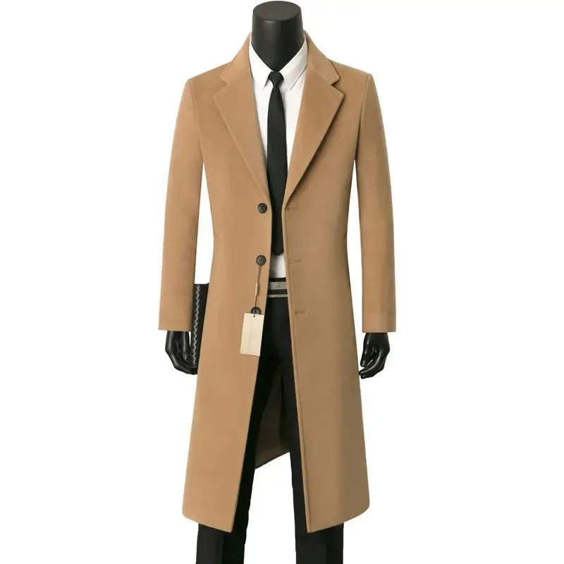Tan overcoat on a mannequin with a white background