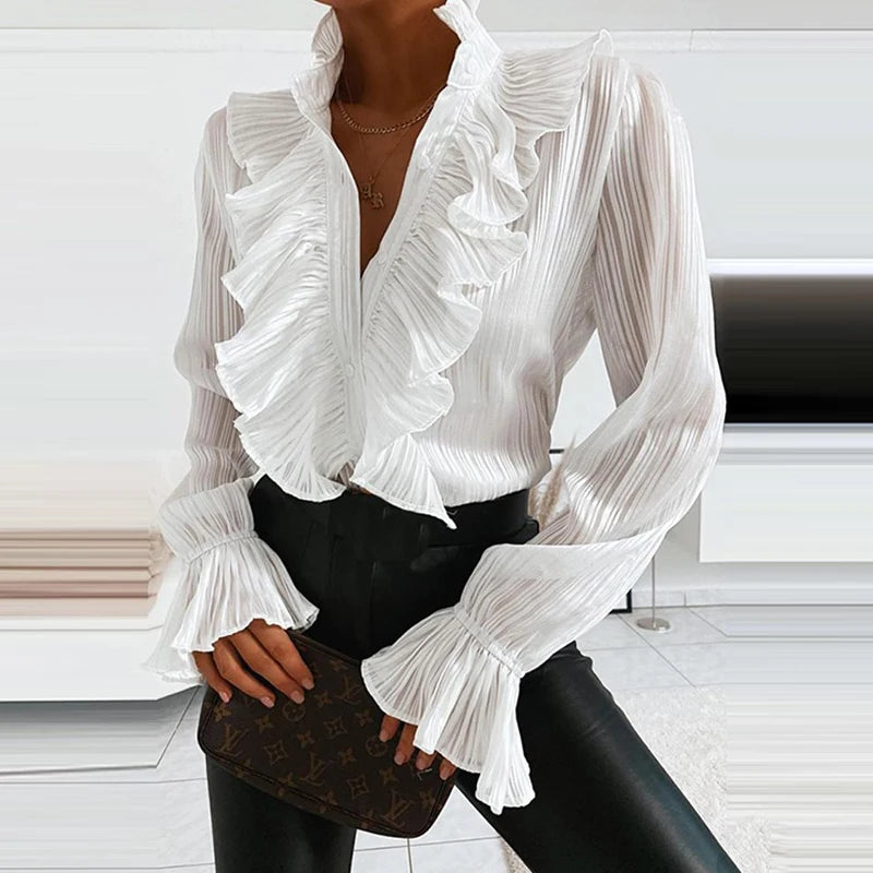 Elegant women's ruffled long sleeve button shirt blouse in white – ideal for office wear and formal occasions.