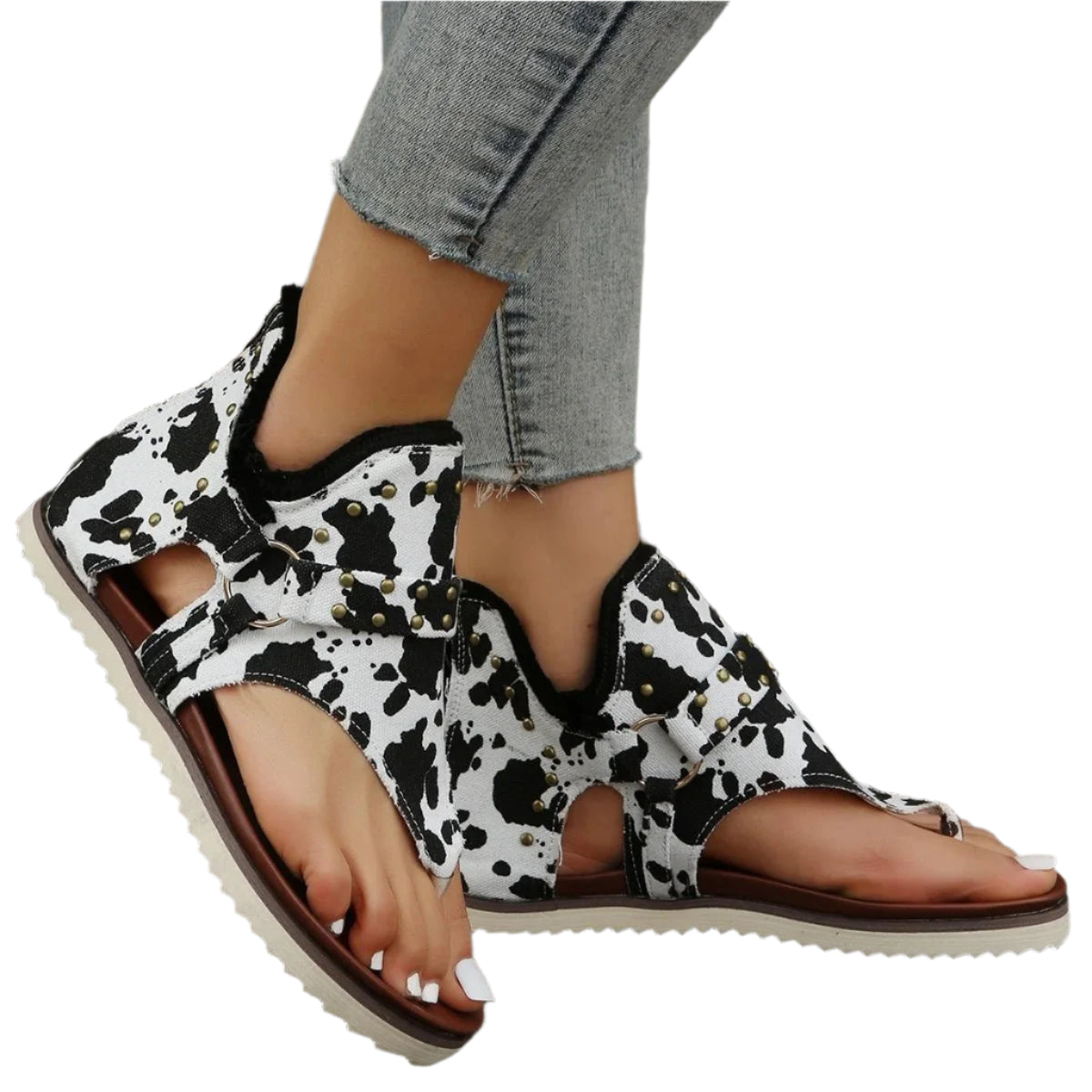 Women's Casual Sandals – Cow Print Thong Style with Stud Detail - CasualFlowshop