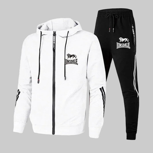 White hoodie and black tracksuit with Lonsdale logo on a white background