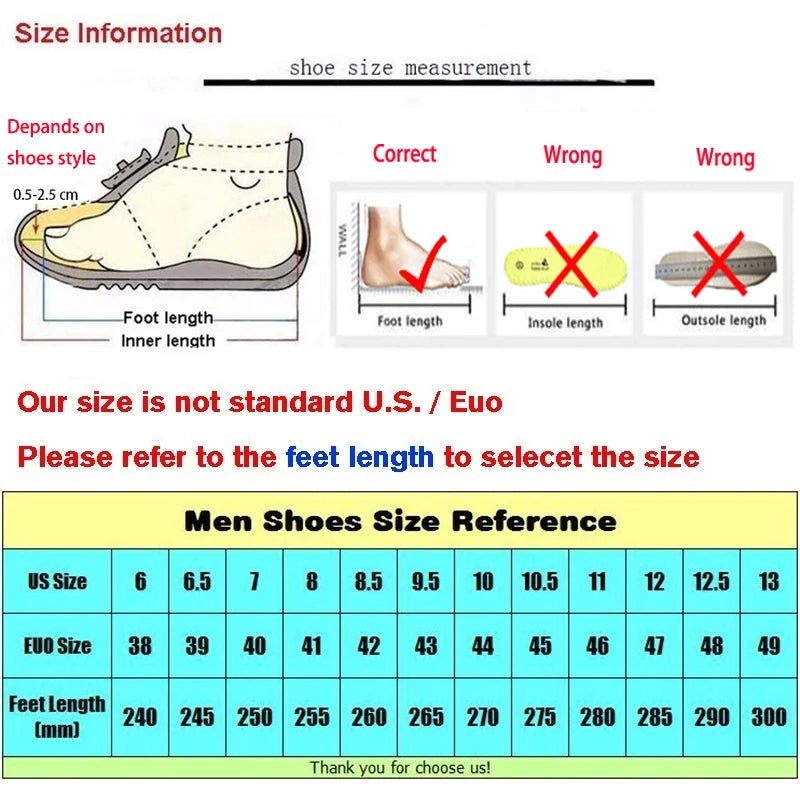 Shoe size measurement chart with foot length illustration and size reference table.