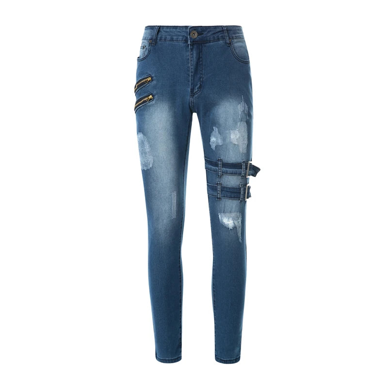 Blue distressed jeans with zippers on a white background