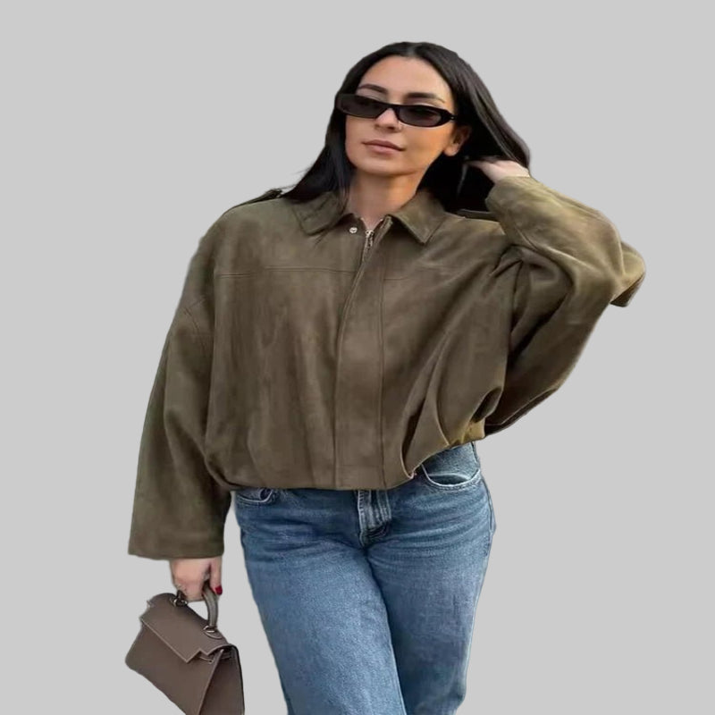 Women’s Oversized Suede Bomber – Trendy Green Jacket for Autumn & Winter - CasualFlowshop