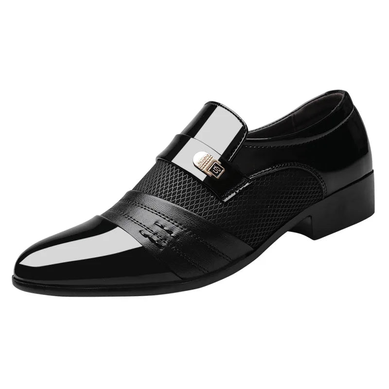 Black Luxury Leather Men's Shoes with a shiny buckle on a white background