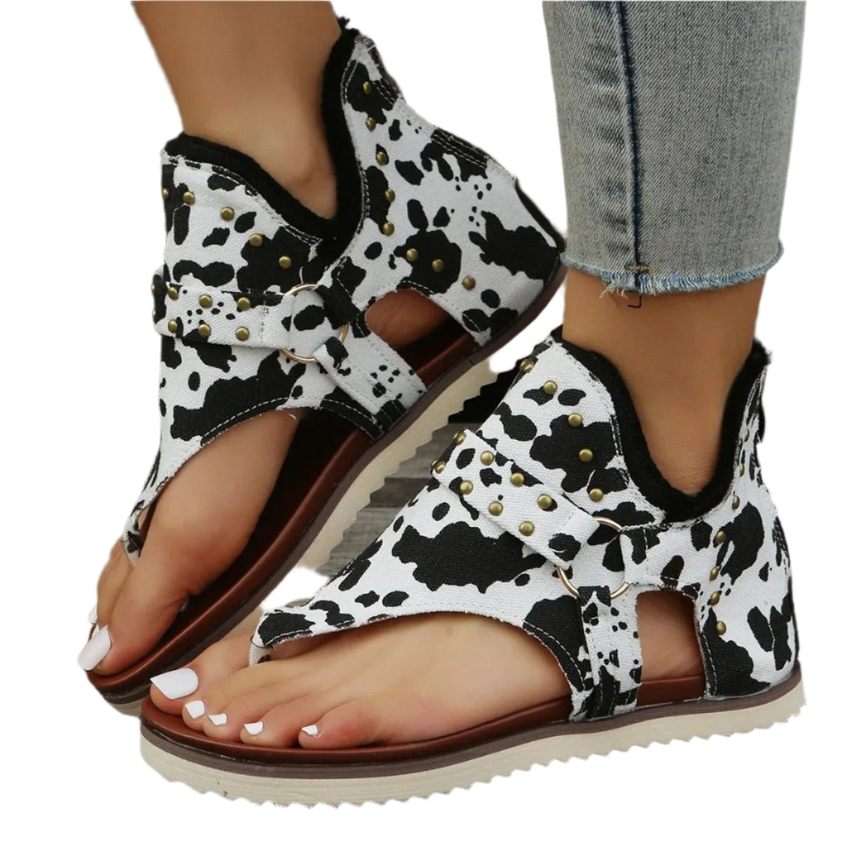Women's Casual Sandals – Cow Print Thong Style with Stud Detail - CasualFlowshop
