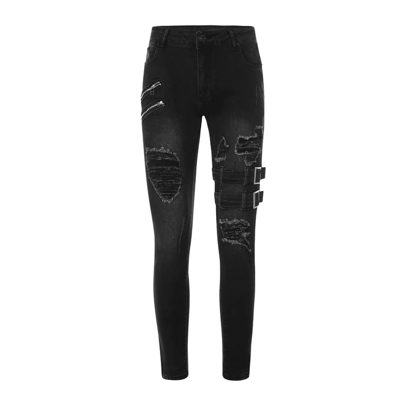 Black distressed jeans with patches on a white background