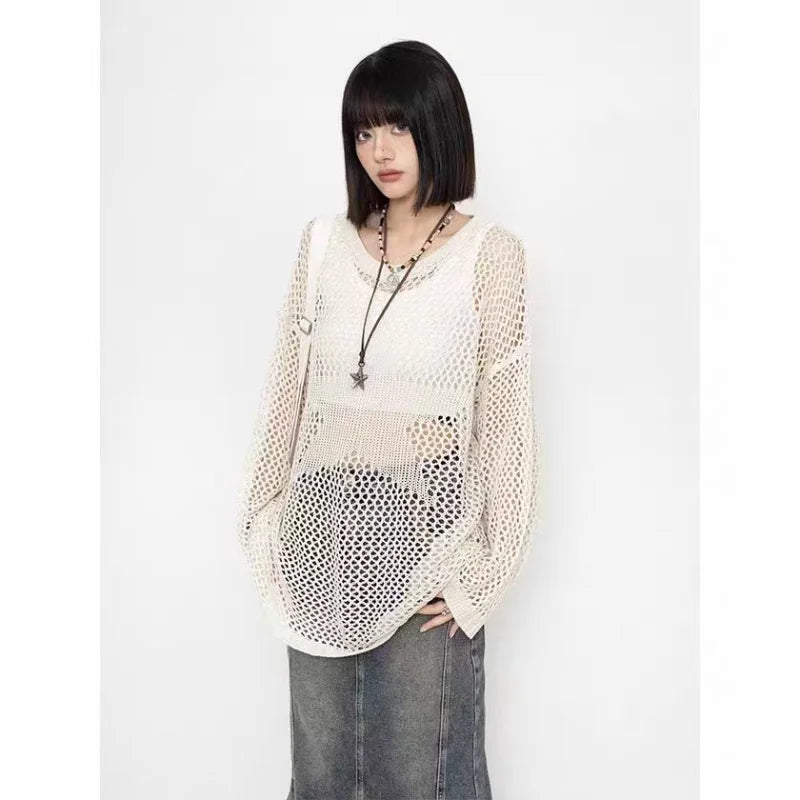 Long sleeve t-shirt with hollow mesh Knit-Along Sweater Guide - CasualFlowshop