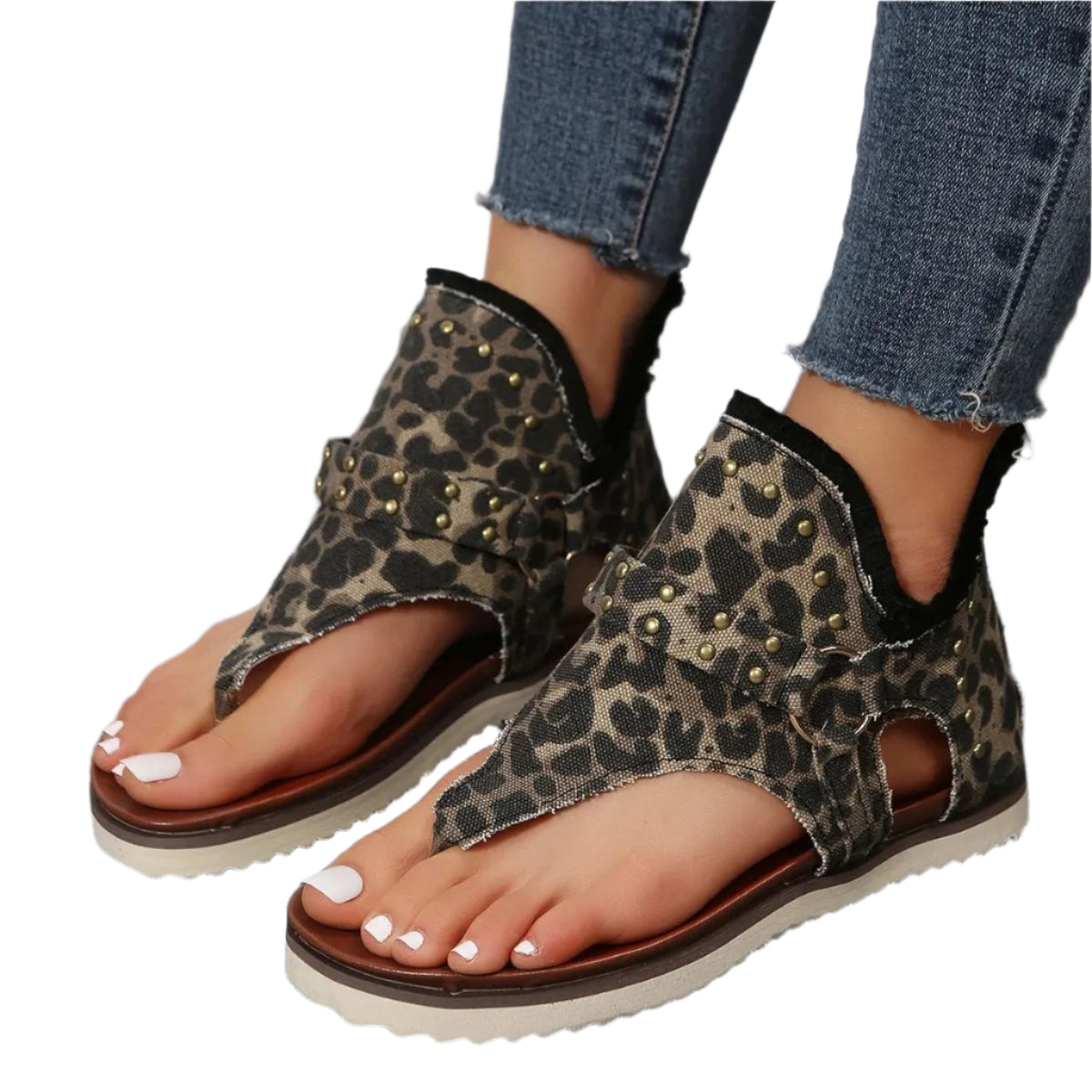 Women's Casual Sandals – Cow Print Thong Style with Stud Detail - CasualFlowshop