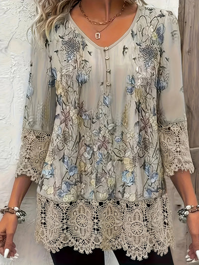 CasualFlowshop Boho Floral Lace Blouse - Dreamy V-Neck Top