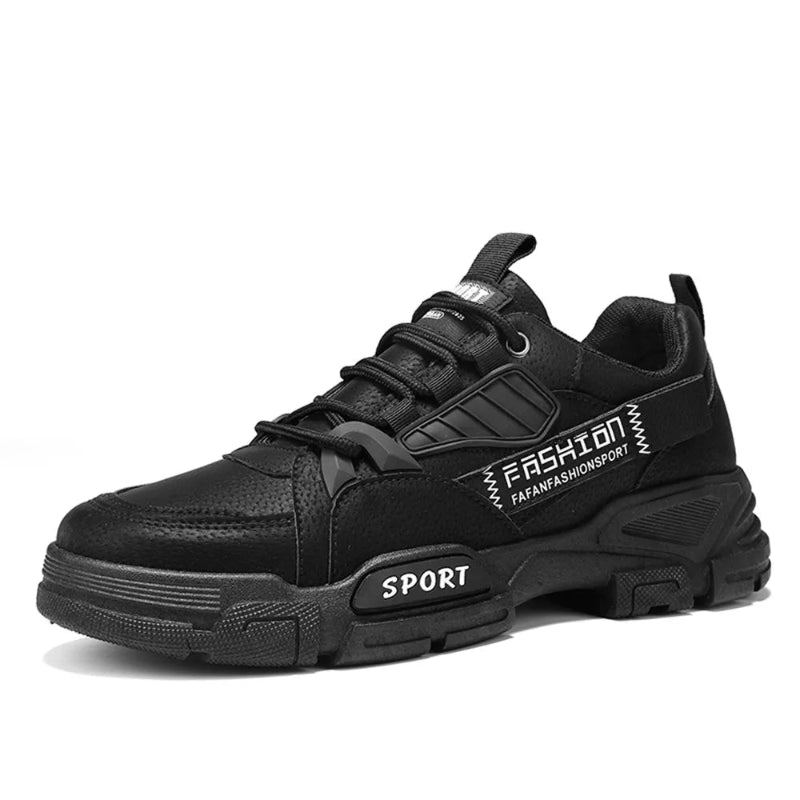 Black sneaker with 'Fashion Sport' text on a white background