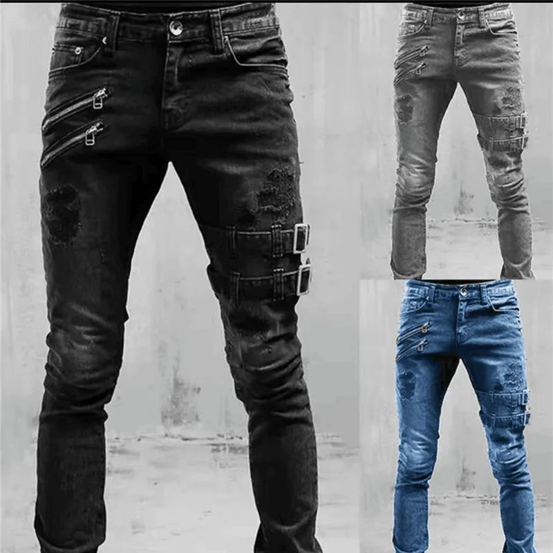Three pairs of distressed jeans in black, gray, and blue on a plain background.