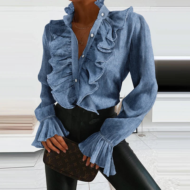 Elegant women's ruffled long sleeve button shirt blouse in white – ideal for office wear and formal occasions.