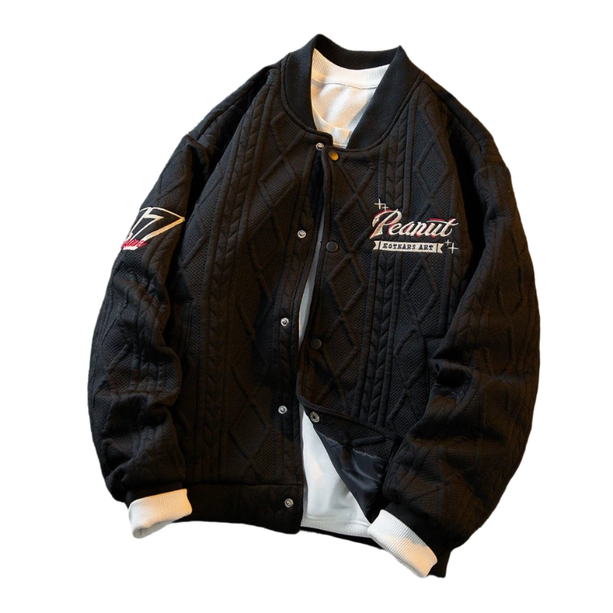 White cable-knit varsity jacket for kids – soft, warm, and stylish outerwear with ribbed cuffs and embroidered patches