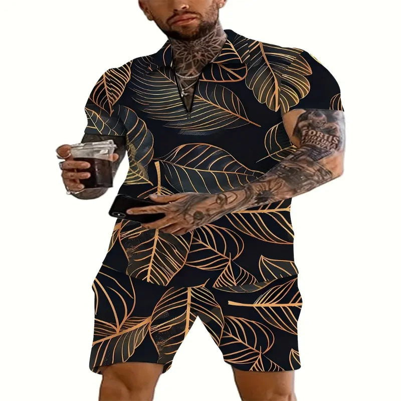 A man wearing a geometric patterned casual beach shorts set with a polo shirt and short-sleeves, standing near a pool.