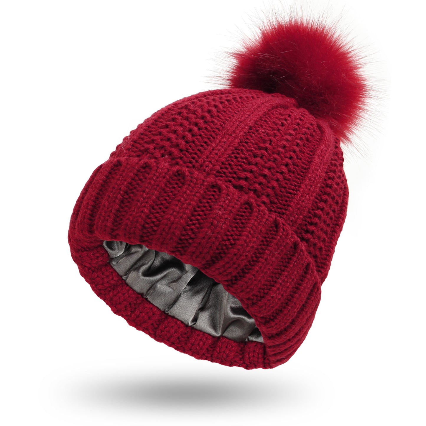 Women's satin-lined knit beanie with faux fur pom – Cozy and stylish winter hat.