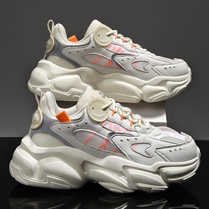 Men's Fashion Running Shoes – Stylish PU sneakers with breathable design and available in Black, White, and Beige.